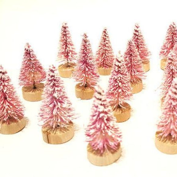 50 Mini PINK Sisal Bottle Brush Snow Flocked Christmas Xmas Trees Crafts Decor - Picture 1 of 2